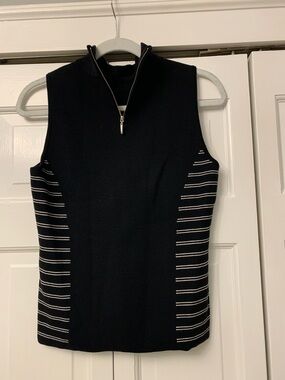 White House Black Market Black Sleeveless  Zip Mock Neck Top with White Stripes